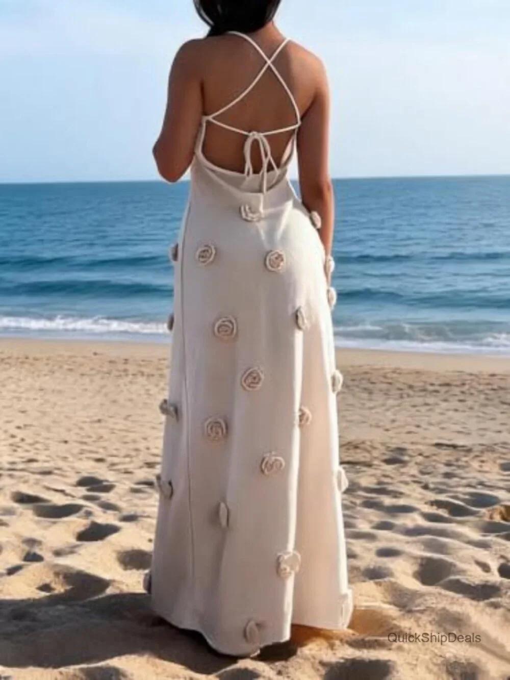 Knit Maxi Dress Spaghetti Strap Bodycon Beach Dress Backless Swim Cover Up - Picture 3 of 7
